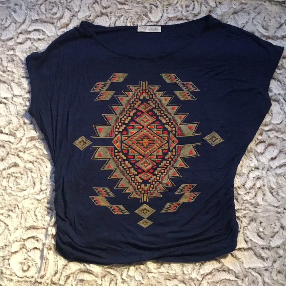 Rayon dark blue tee with beading